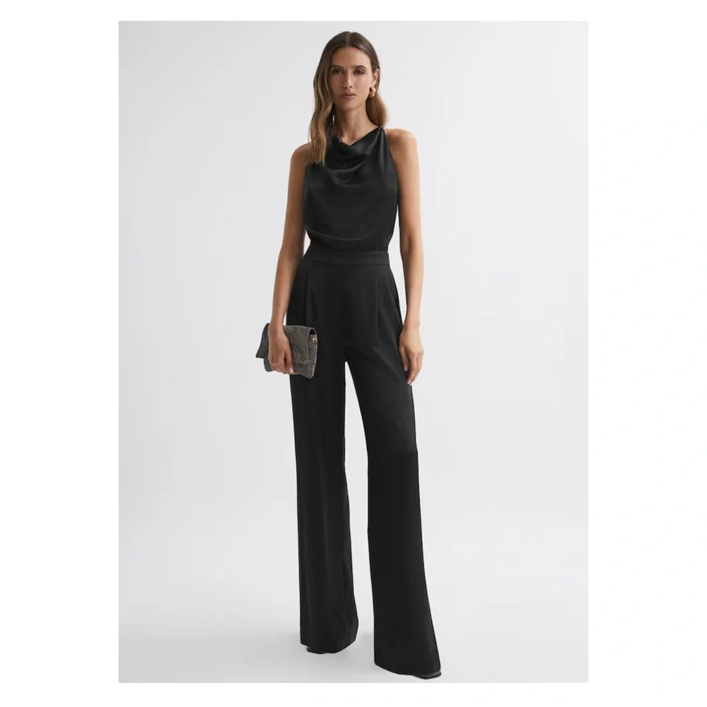 New! REISS Malia Cowl Neck Open Back Satin Jumpsuit In Black - Picture 2 of 11